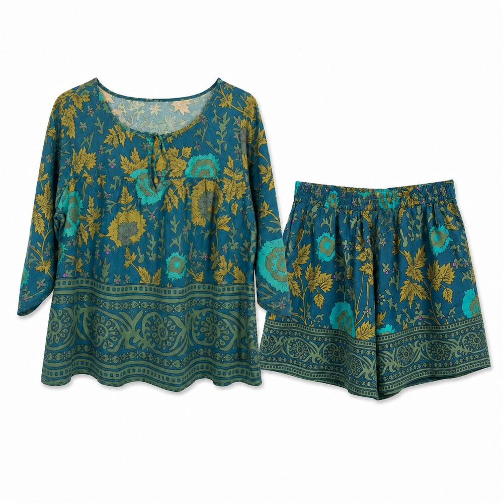 Natural Life Maribel Set Teal Sage Border NWT S Boho Floral Top Shorts 2 Piece